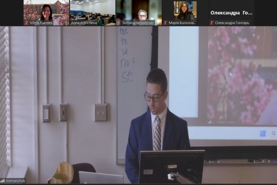 An FSU student presents during a virtual philology conference with National University Poltava Polytechnic on March 21. (Vilma Fuentes, LSI)