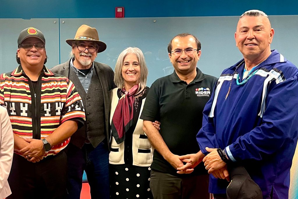 (From left) Sonny Frank, Daniel Wildcat, Ellen Piekalkiewicz, Eren Erman Ozguven and Paul Downing at “Saving the Planet with Indigenous Knowledge” Friday, April 12, 2024. (Tai Cole)