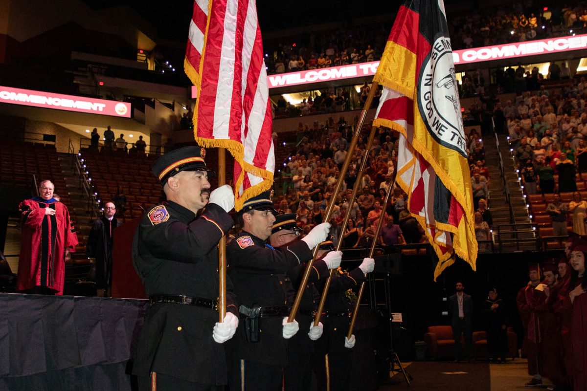 The Seminole Tribe of Florida Color Guard during one of FSU's spring 2024 commencement ceremonies Friday, May 3, at the Donald L. Tucker Civic Center. (FSU Photography)