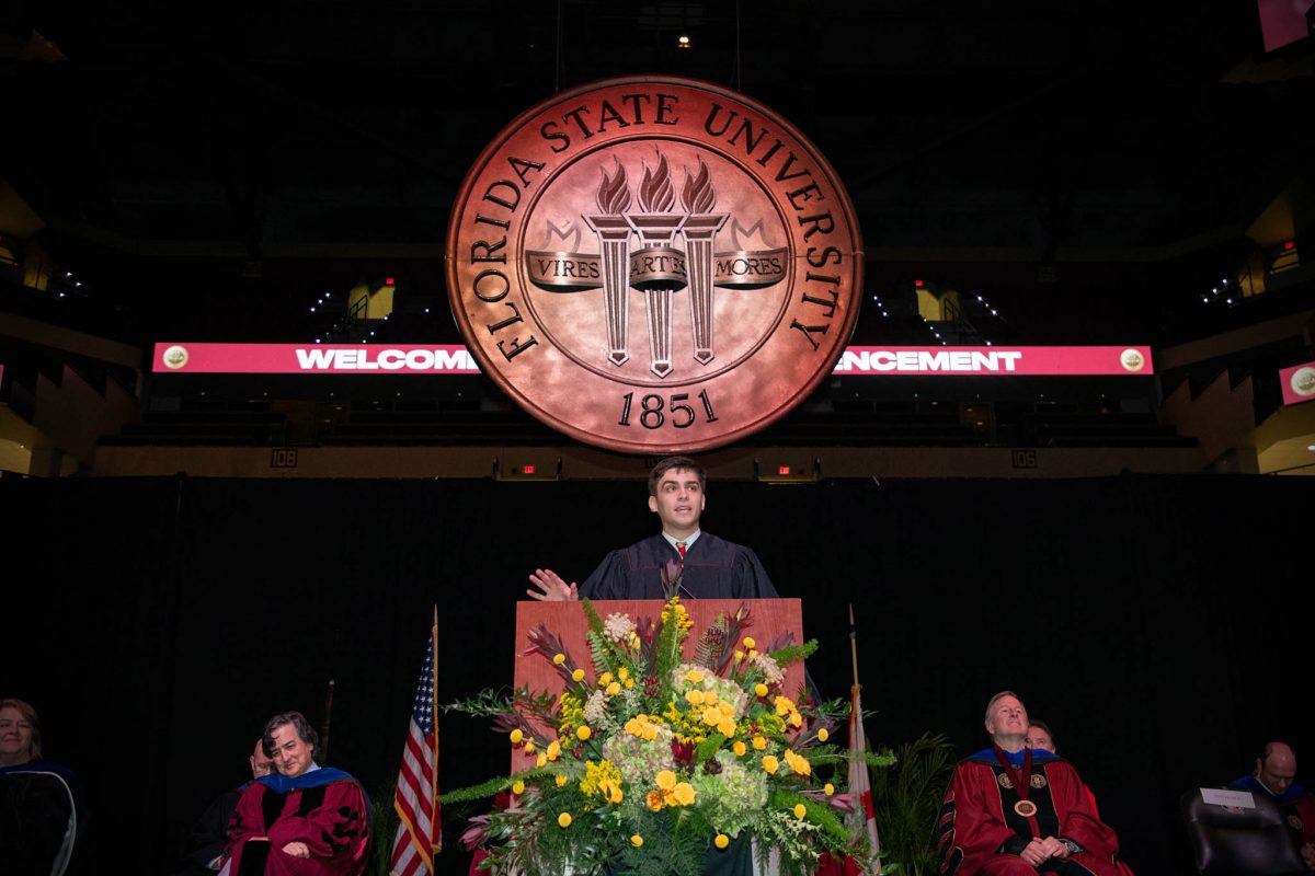 Student Body President Jack Hitchcock addresses graduates and guests during one of FSU's spring 2024 commencement ceremonies Friday, May 3, 2024, at the Donald L. Tucker Civic Center. (FSU Photography)