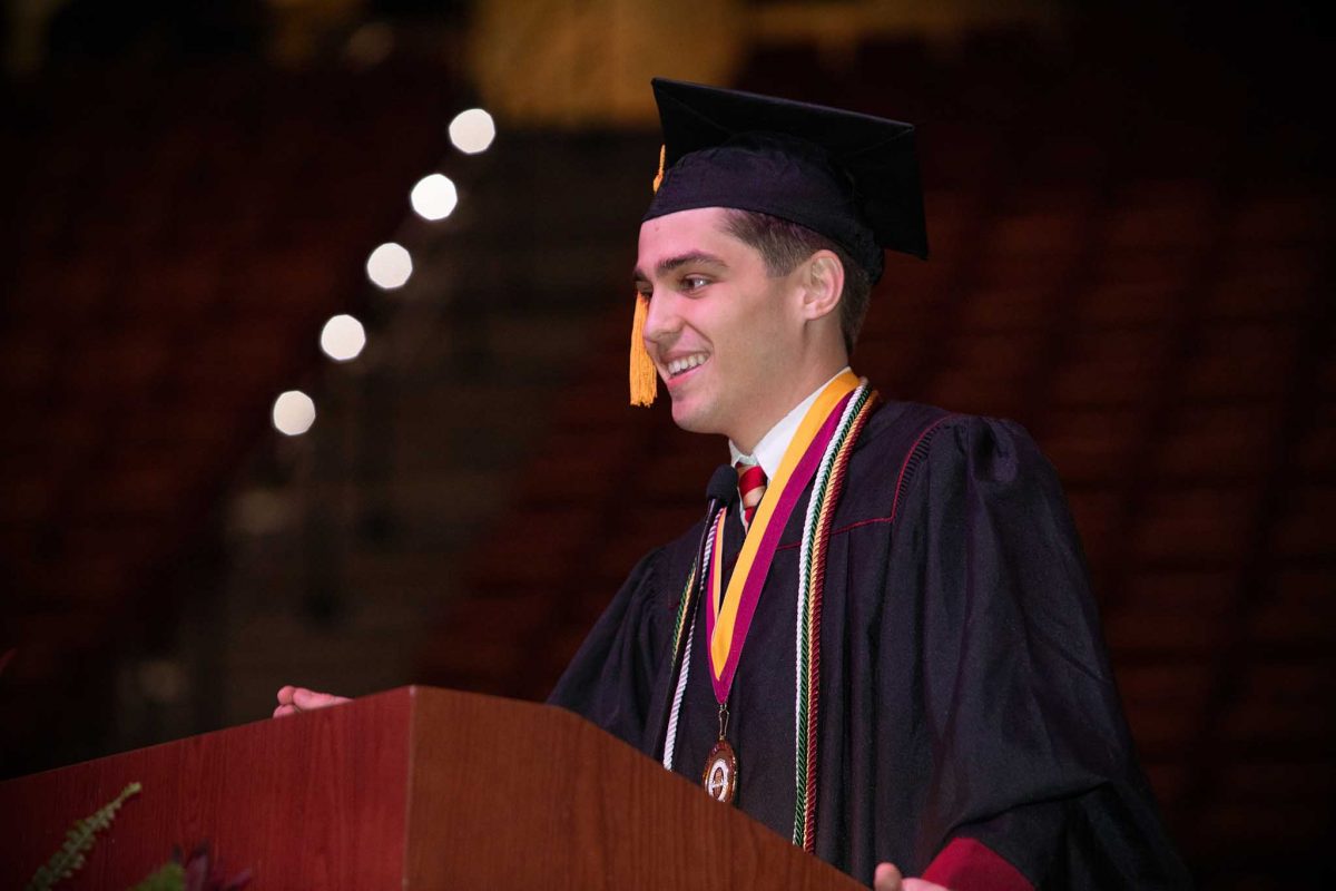 Student Body President Jack Hitchcock addresses graduates and guests during one of FSU's spring 2024 commencement ceremonies Saturday, May 4, 2024, at the Donald L. Tucker Civic Center. (FSU Photography)