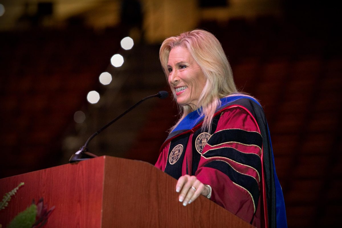 Jacksonville Mayor Donna Deegan spoke to the graduates of the colleges of Fine Arts, Communication and Information, Criminology and Criminal Justice, Social Work and Music during FSU's commencement ceremony at 7 p.m. Saturday, May 4, 2024, at the Donald L. Tucker Civic Center. (FSU Photography)