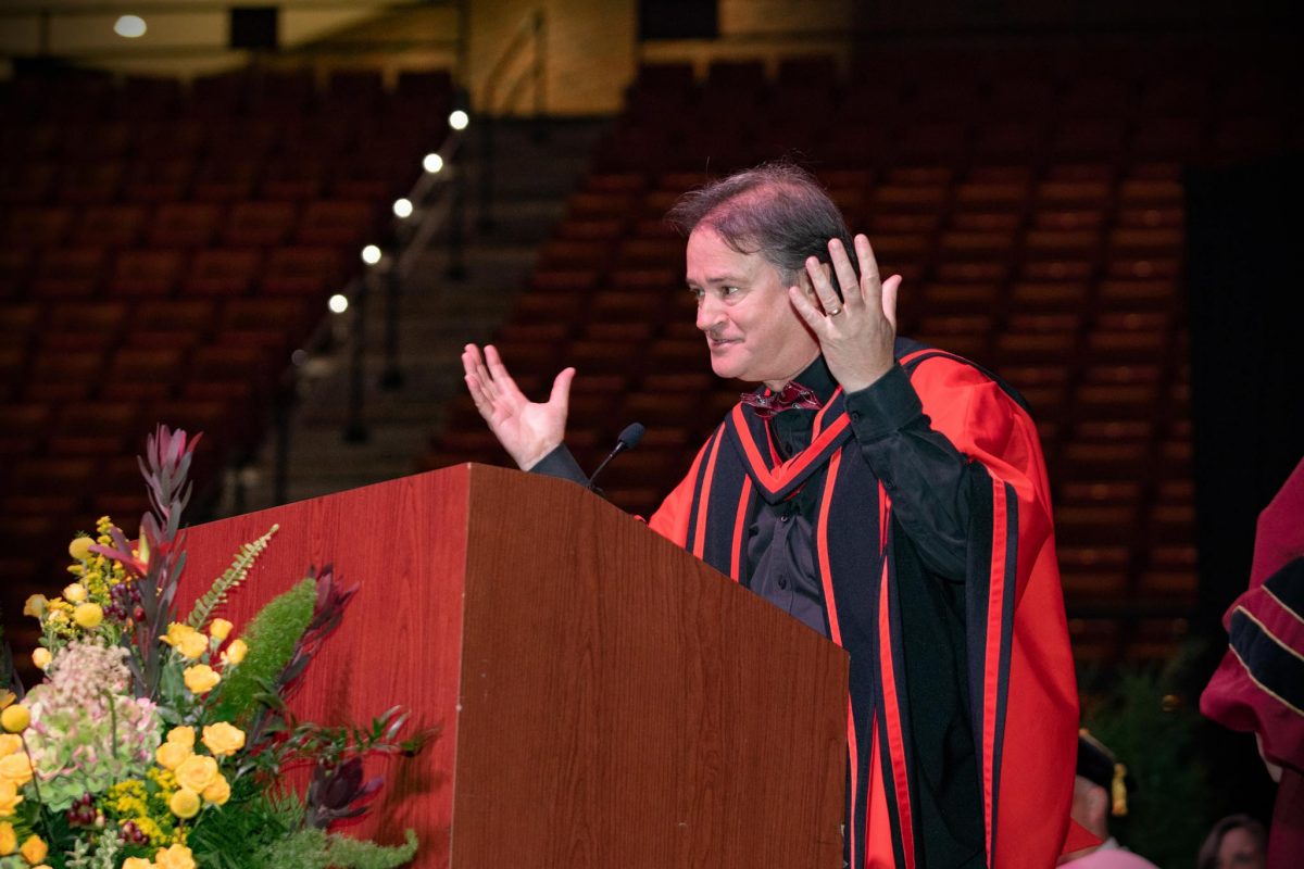 Dean of The Graduate School Mark Riley addresses graduates during the spring doctoral hooding ceremony Friday, May 3, 2024, at the Donald L. Tucker Civic Center. (FSU Photography)