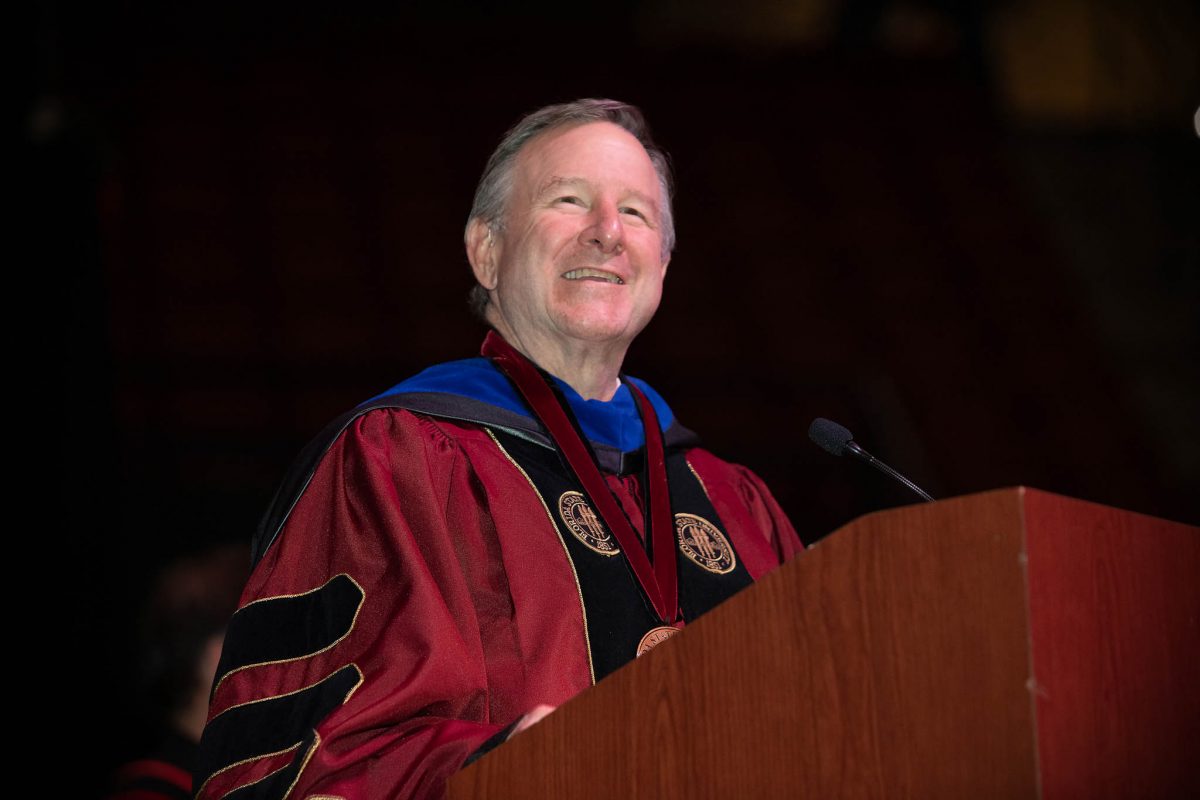 FSU President Richard McCullough welcomes graduates and their guests during one of FSU's spring 2024 commencement ceremonies Friday, May 3, at the Donald L. Tucker Civic Center. (FSU Photography)