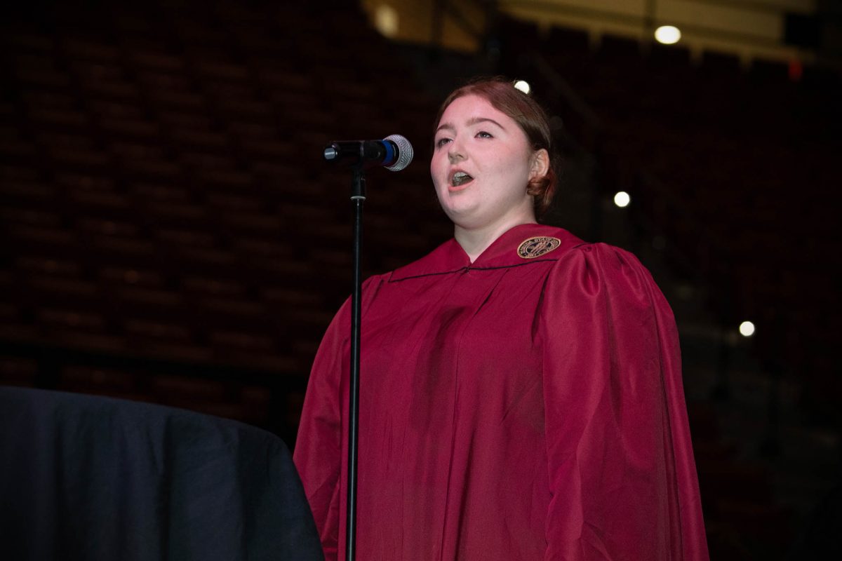 FSU student Dawson Fanzino sings the national anthem during one of FSU's spring 2024 commencement ceremonies Friday, May 3, at the Donald L. Tucker Civic Center. (FSU Photography)