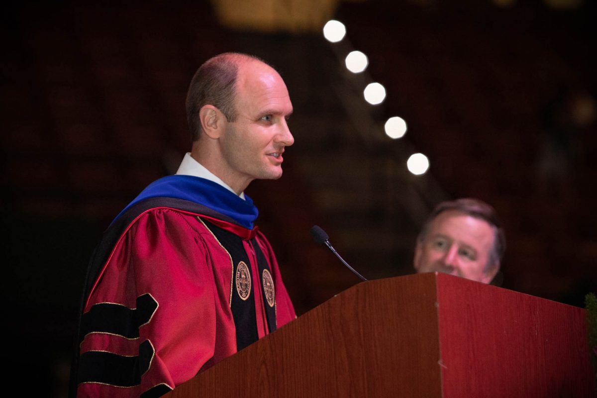 Joe O’Shea, associate provost and dean of Undergraduate Studies, welcomes graduates during one of FSU's 2024 commencement ceremonies Friday, May 3, 2024, at the Donald L. Tucker Civic Center. (FSU Photography Services)