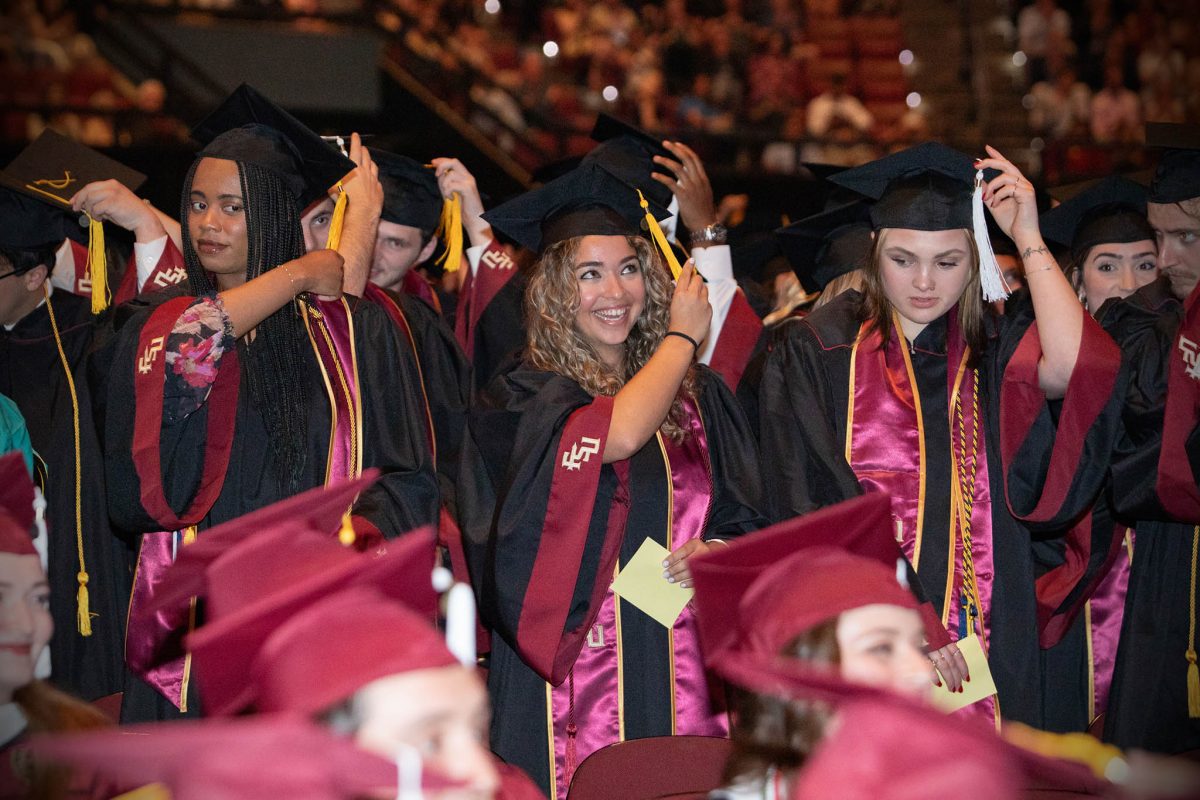 Students celebrate during FSU's commencement ceremony at 7 p.m. Friday, May 3, 2024, at the Donald L. Tucker Civic Center. (FSU Photography Services)