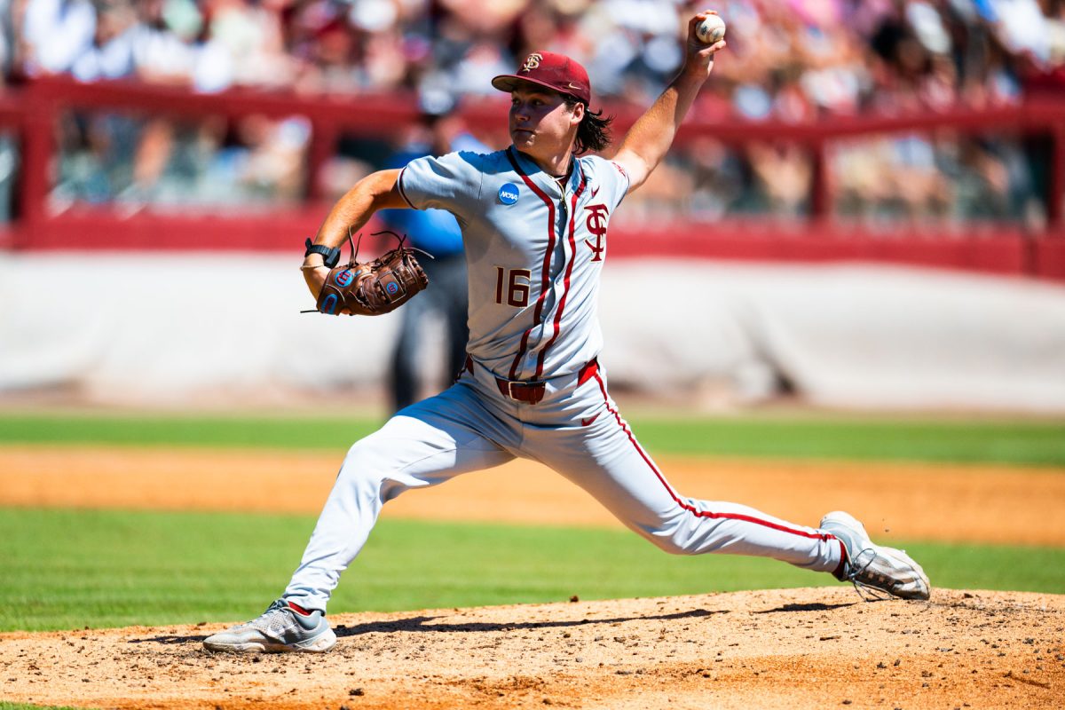 Florida State starting pitcher Jamie Arnold struck out nine batters as Seminoles defeated the UConn Huskies, 10-8, in extra innings to win the Tallahassee Super Regional and secure their bid to the College World Series on June 8, 2024.(Photo by Matthew McConnell/Florida State University)