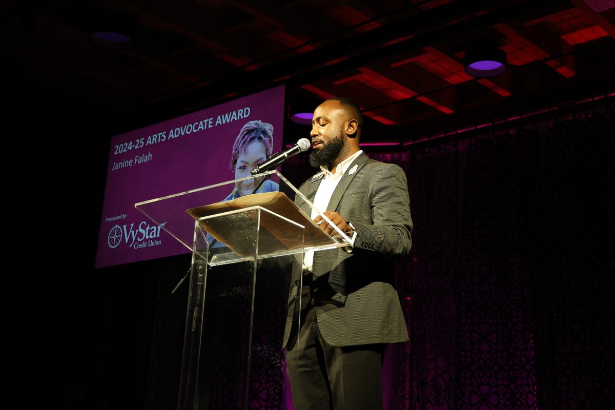 Vystar Credit Union Vice President Miron Richardson addresses the Opening Nights Arts Advocate Award winner at the Opening Nights 2024-2025 season announcement reception on June 25, 2024, at Goodwood Museum and Gardens. (Photo by Bowdi Miller)