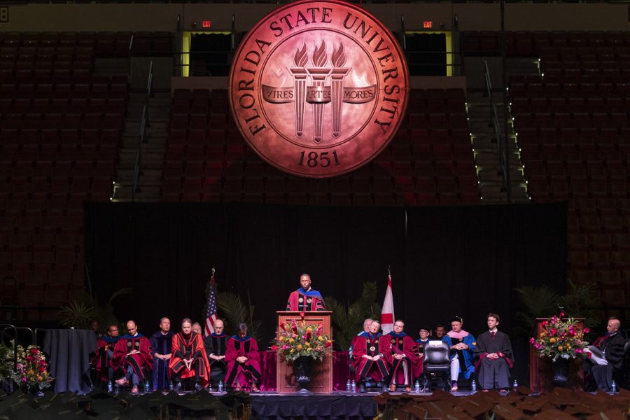 Former Florida State quarterback and Heisman Trophy winner Charlie Ward speaks to graduates as Florida State University hosts its summer graduation ceremonies on Aug. 2, 2024. (Matthew McConnell/Florida State University)