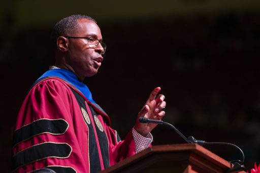 Former Florida State quarterback and Heisman Trophy winner Charlie Ward speaks to graduates as Florida State University hosts its summer graduation ceremonies on August 03, 2024. (Matthew McConnell/Florida State University)