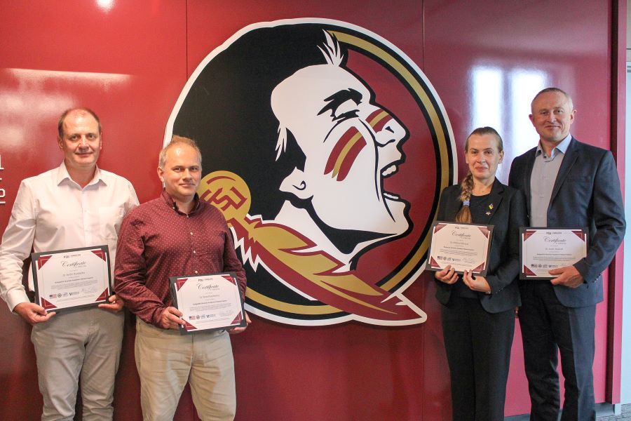 The BridgeUSA Fellows at FSU: Andrii Roskalda, Taras Panchenko, Nataliia Safonova and Andrii Balendr. (FSU Ukraine Task Force/Vilma Fuentes)