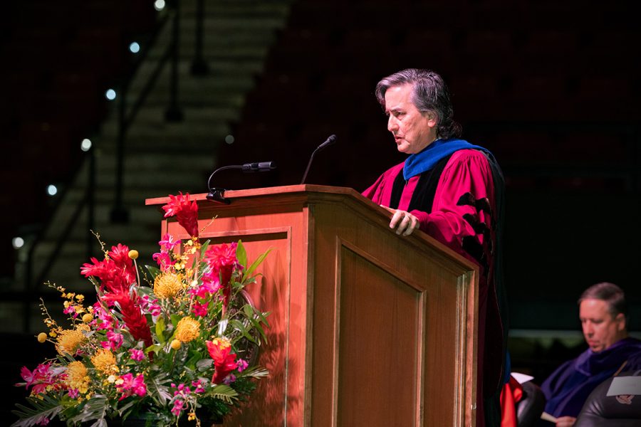Provost Jim Clark speaks at FSU's summer 2024 doctoral hooding ceremony Friday, Aug. 2, 2024, at the Donald L. Tucker Civic Center. (FSU Photography)