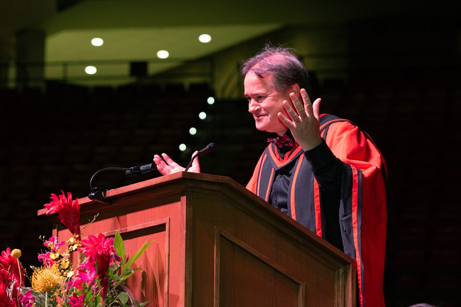 Florida State University Dean of the Graduate School Mark Riley welcomes graduates and their guests to the university’s summer doctoral hooding ceremony Friday, Aug. 2, 2024, at the Donald L. Tucker Civic Center. (FSU Photography)