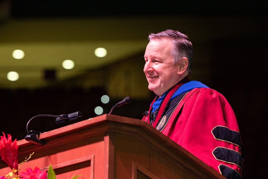 President Richard McCullough speaks at FSU's summer 2024 doctoral hooding ceremony Friday, Aug. 2, 2024, at the Donald L. Tucker Civic Center. (FSU Photography)
