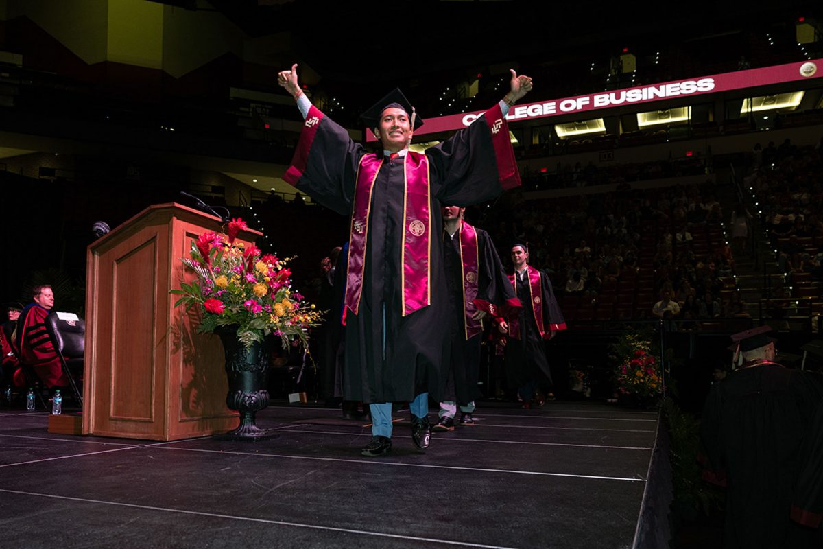 Florida State University graduates celebrate during one of FSU's summer commencement ceremonies Friday, Aug. 2, 2024, at the Donald L. Tucker Civic Center. (FSU Photography)