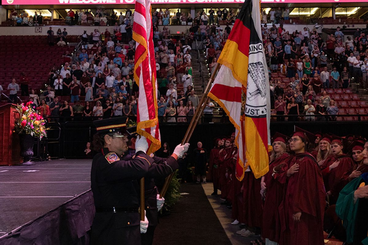 The Seminole Tribe of Florida Color Guard during one of FSU's summer commencement ceremonies Friday, Aug. 2, 2024, at the Donald L. Tucker Civic Center. (FSU Photography)