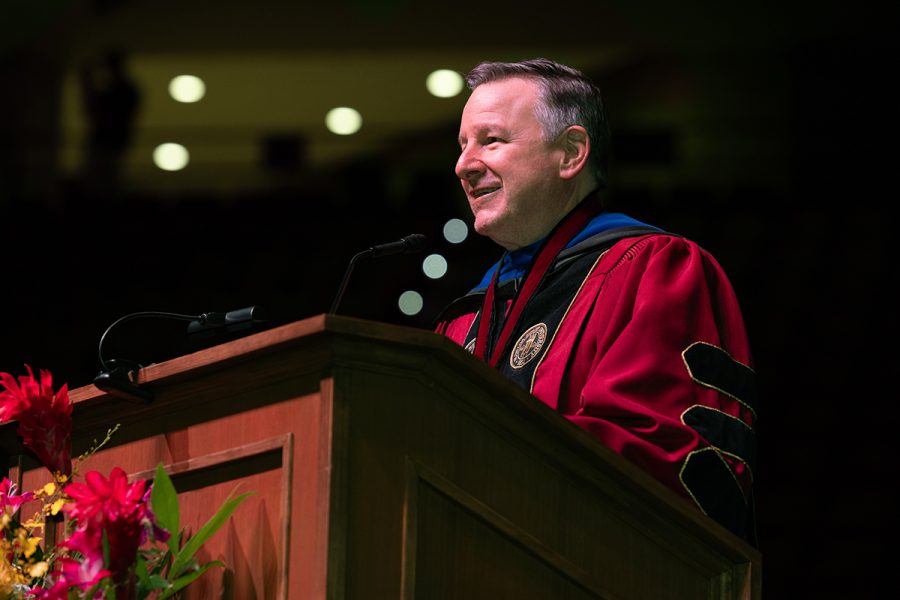 FSU President Richard McCullough welcomes graduates and their guests during one of FSU's summer 2024 commencement ceremonies Friday, Aug. 2, 2024, at the Donald L. Tucker Civic Center. (FSU Photography)