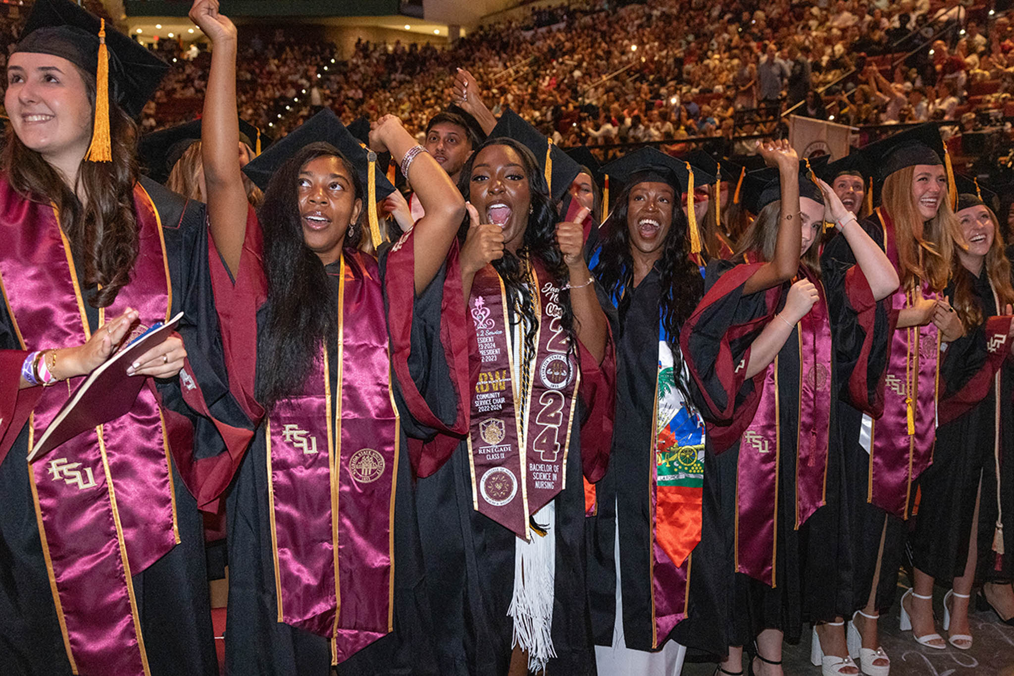 Florida State University graduates celebrate during one of FSU's Summer 2024 commencement ceremonies Friday, Aug. 2, at the Donald L. Tucker Civic Center. (FSU Photography)