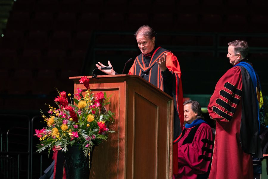 Dean of The Graduate School Mark Riley addresses the audience at one of FSU's summer commencement ceremonies Friday, Aug. 2, 2024, at the Donald L. Tucker Civic Center. (FSU Photography)
