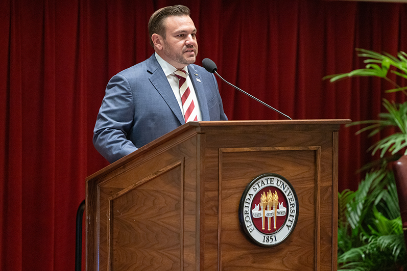 Rep. Adam Anderson, R-Palm Harbor, speaking at the FSU Pediatric Rare Disease Symposium. The 2019 death of Anderson's son, 4-year-old Andrew, from Tay-Sachs disease ignited his advocacy for advances in research. (Bill Lax/FSU Photography Services)