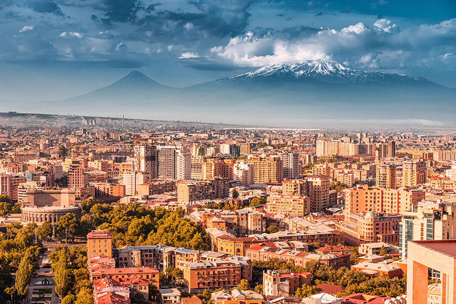 City skyline of Yerevan, Armenia, where the Armenian State University of Economics (ASUE) is located.