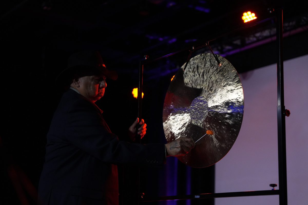 Elgin Jumper uses a cymbal to create a soundscape during a showcase Oct. 22, 2024, at Florida State University’s Club Downunder. (Club Downunder)