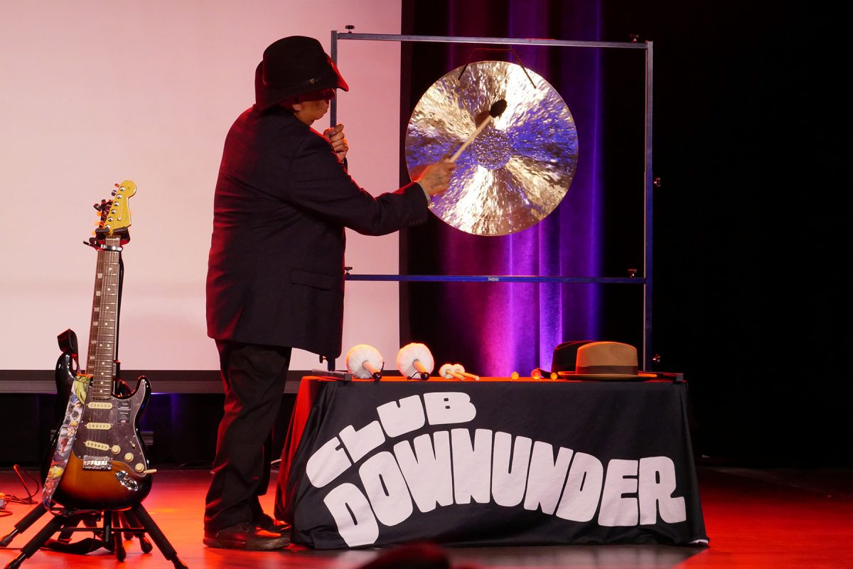 Elgin Jumper uses a cymbal to create a soundscape during a showcase Oct. 22, 2024, at Florida State University’s Club Downunder. (Club Downunder)