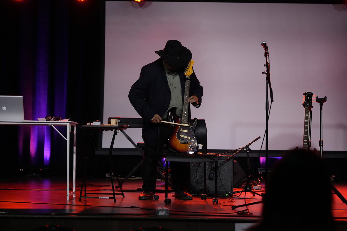 Elgin Jumper uses a guitar to create a soundscape during a showcase Oct. 22, 2024, at Florida State University’s Club Downunder. (Club Downunder)