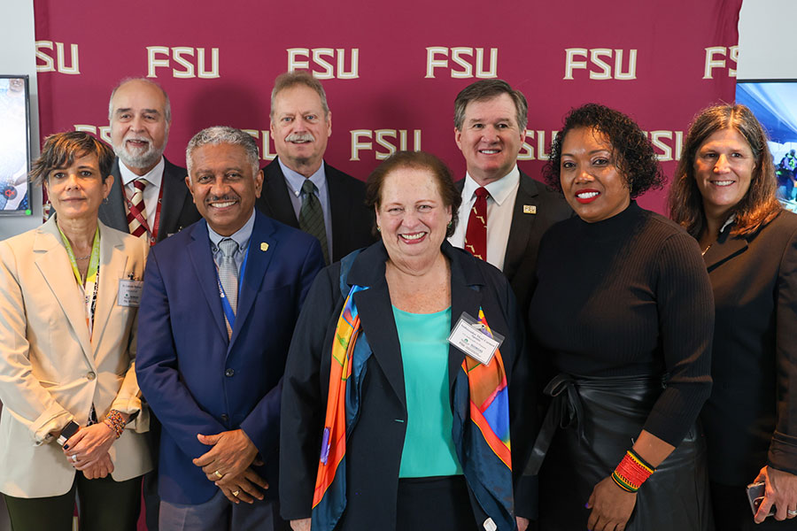 (Front left to right) Gabrielle Britton, principal investigator at INDICASAT-AIP’s Center for Neuroscience; Dr. Eduardo Ortega-Barría, national secretary of SENACYT; Mari Carmen Aponte, U.S. Ambassador to Panama; Eugenia Flores Millender, founding co-director of the CPSHE and associate professor in the College of Nursing; Louisa Blenman, interim director of International Programs at FSU; (back left to right) Carlos Langoni, rector of FSU Panama; Stephen McDowell, assistant provost for international initiatives at FSU; and Rick Burnette, FSU’s Vice Provost and Chief Strategy Officer.