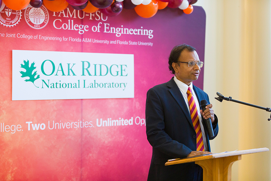 FAMU-FSU College of Engineering Dean Suvranu De speaks at the ORNL Days 2024 Power of Partnership Reception held at the High-Performance Materials Institute in the Materials Research Building of the FAMU-FSU College of Engineering in Tallahassee, Florida. (Scott Holstein/FAMU-FSU College of Engineering)