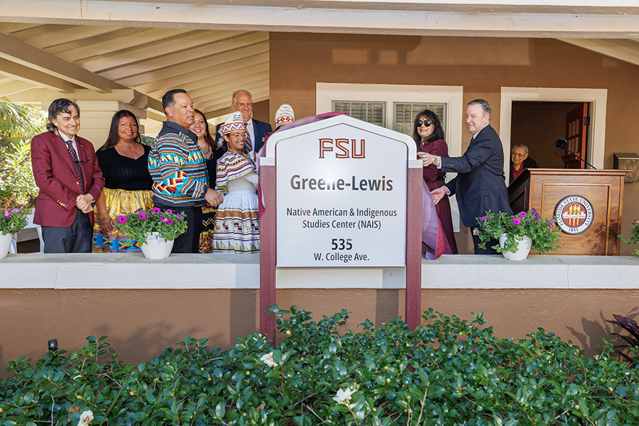 President Richard McCullough, FSU First Lady Jai Vartikar, Professor Andrew Frank, Provost Jim Clark and Chairman Marcellus Osceola Jr. and members of the Seminole Tribe of Florida dedicated the new home of its Native American and Indigenous Studies Center on Friday, Nov. 22, 2024. (Bill Lax/FSU Photography)