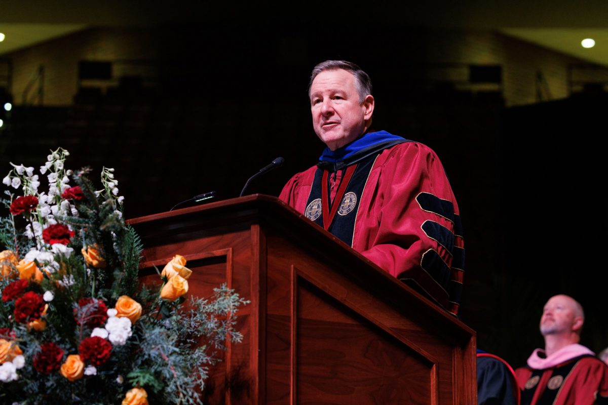 FSU President Richard McCullough welcomes graduates and their guests during one of FSU's fall 2024 commencement ceremonies Friday, Dec. 13, 2024, at the Donald L. Tucker Civic Center. (FSU Photography)