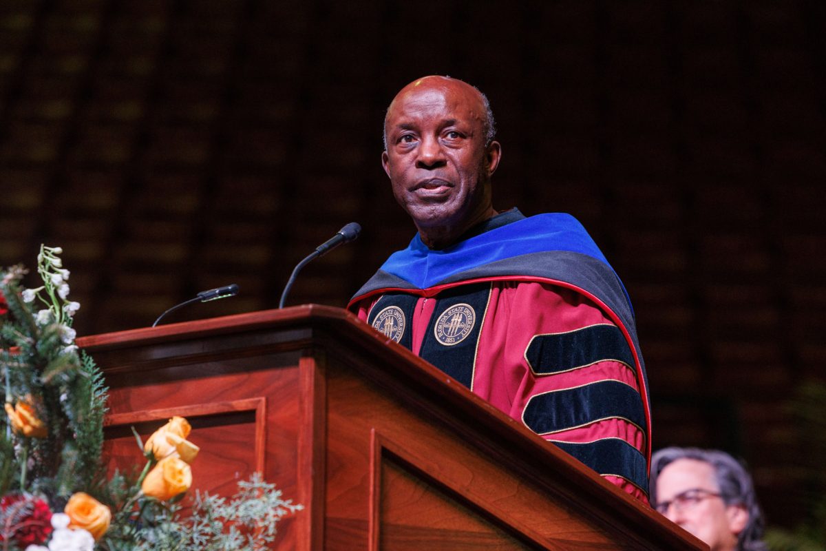 Harrison Prosper, FSU’s 2024-2025 Robert O. Lawton Distinguished Professor from the Department of Physics spoke to graduates at the 7 p.m. fall commencement ceremony Friday, Dec. 13, 2024, at the Donald L. Tucker Civic Center. (FSU Photography)