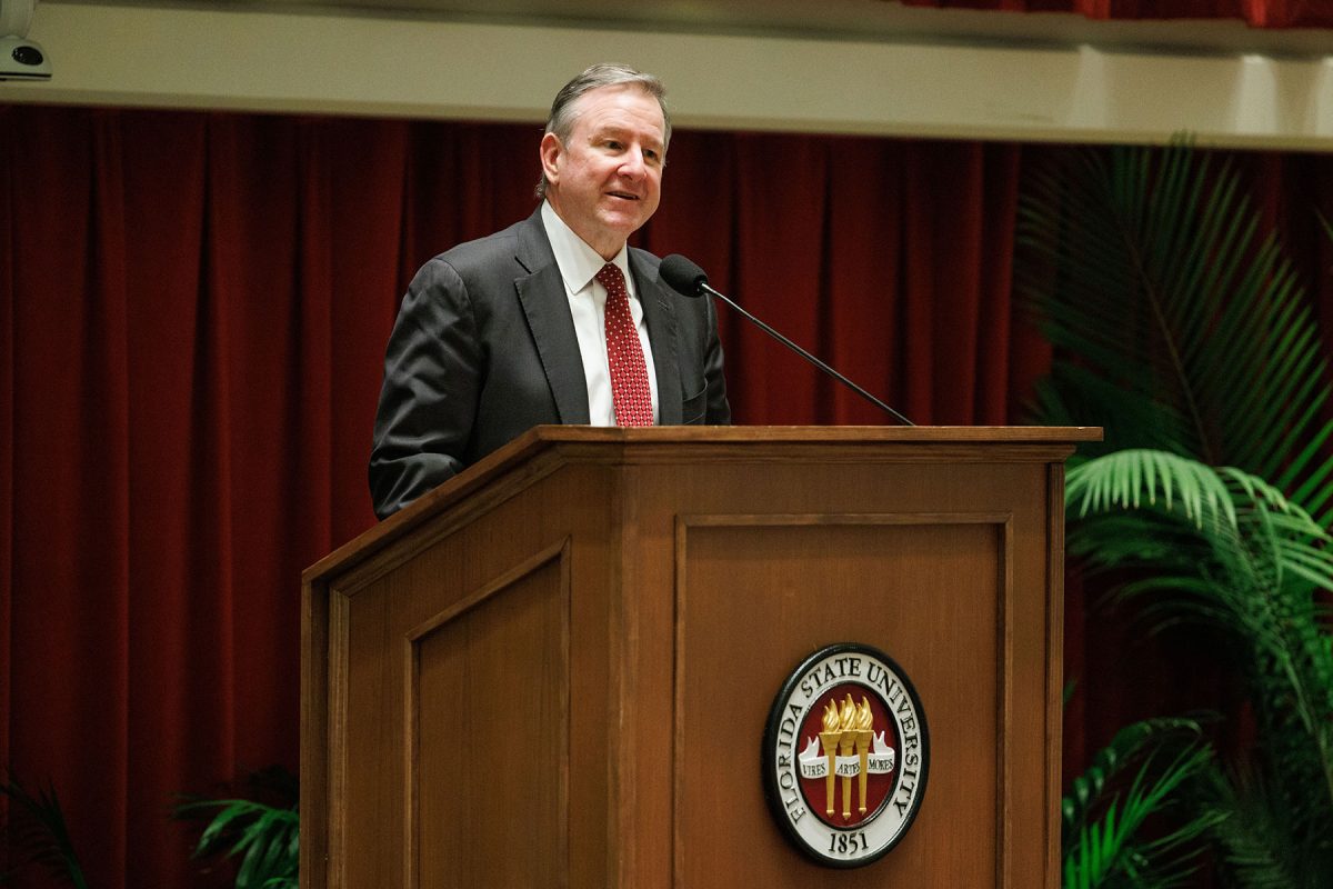 President Richard McCullough delivers the annual State of the University address during an FSU Faculty Senate meeting at the College of Medicine Durell Peaden Auditorium on Wednesday, Dec. 4, 2024.