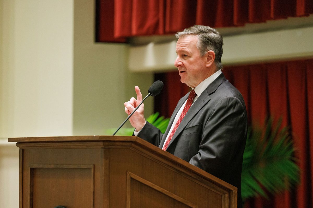 President Richard McCullough delivers the annual State of the University address during an FSU Faculty Senate meeting at the College of Medicine Durell Peaden Auditorium on Wednesday, Dec. 4, 2024.