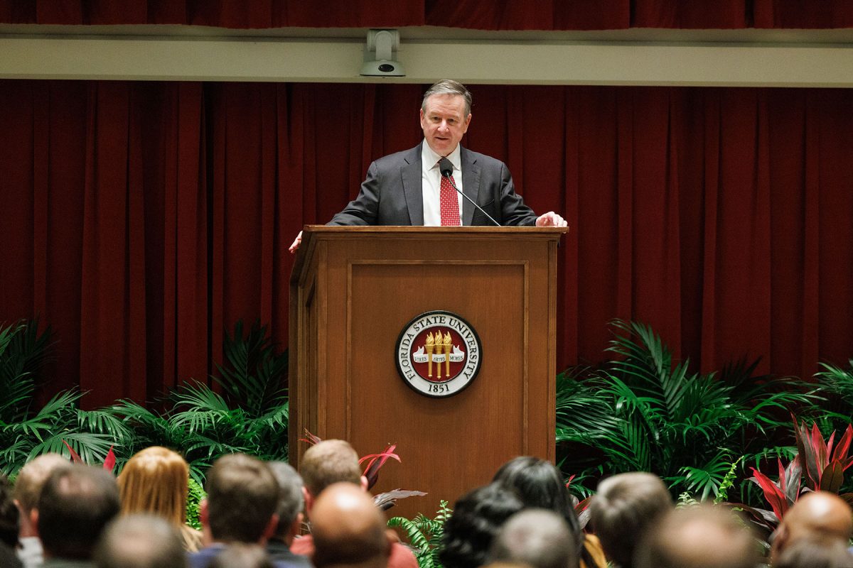 President Richard McCullough delivers the annual State of the University address during an FSU Faculty Senate meeting at the College of Medicine Durell Peaden Auditorium on Wednesday, Dec. 4, 2024.