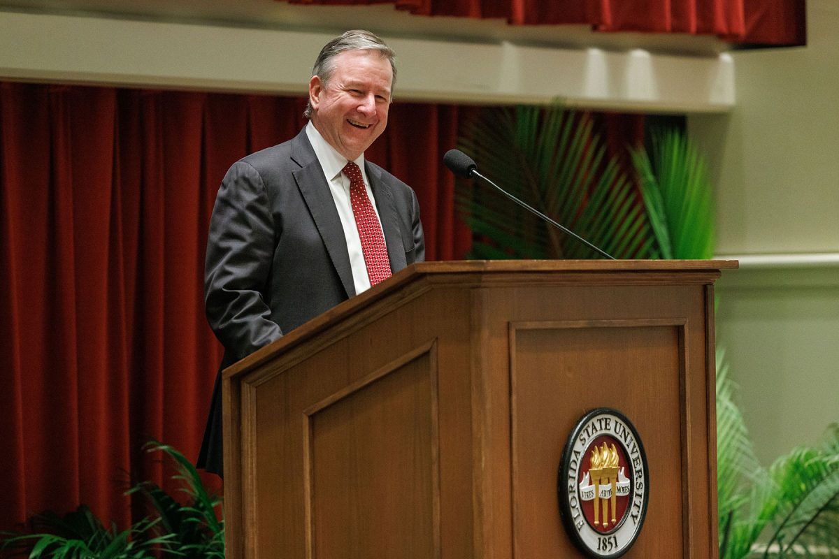 President Richard McCullough delivers the annual State of the University address during an FSU Faculty Senate meeting at the College of Medicine Durell Peaden Auditorium on Wednesday, Dec. 4, 2024.