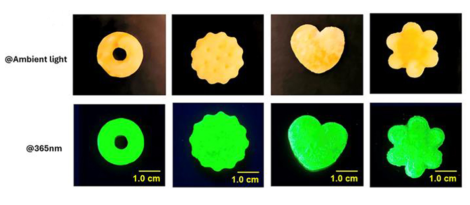 Different shapes of an organic metal halide hybrid prepared by Ma’s team appear under ambient and ultraviolet light. (Courtesy of Biwu Ma)