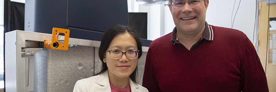 From left, Florida State University faculty researcher Fanny C. Liu and Christian Bleiholder, a professor in the Department of Chemistry and Biochemistry. Their work on the protein dynamics in the NIST monoclonal antibody was published in Chemical Communications. (Bill Wellock/University Communications)