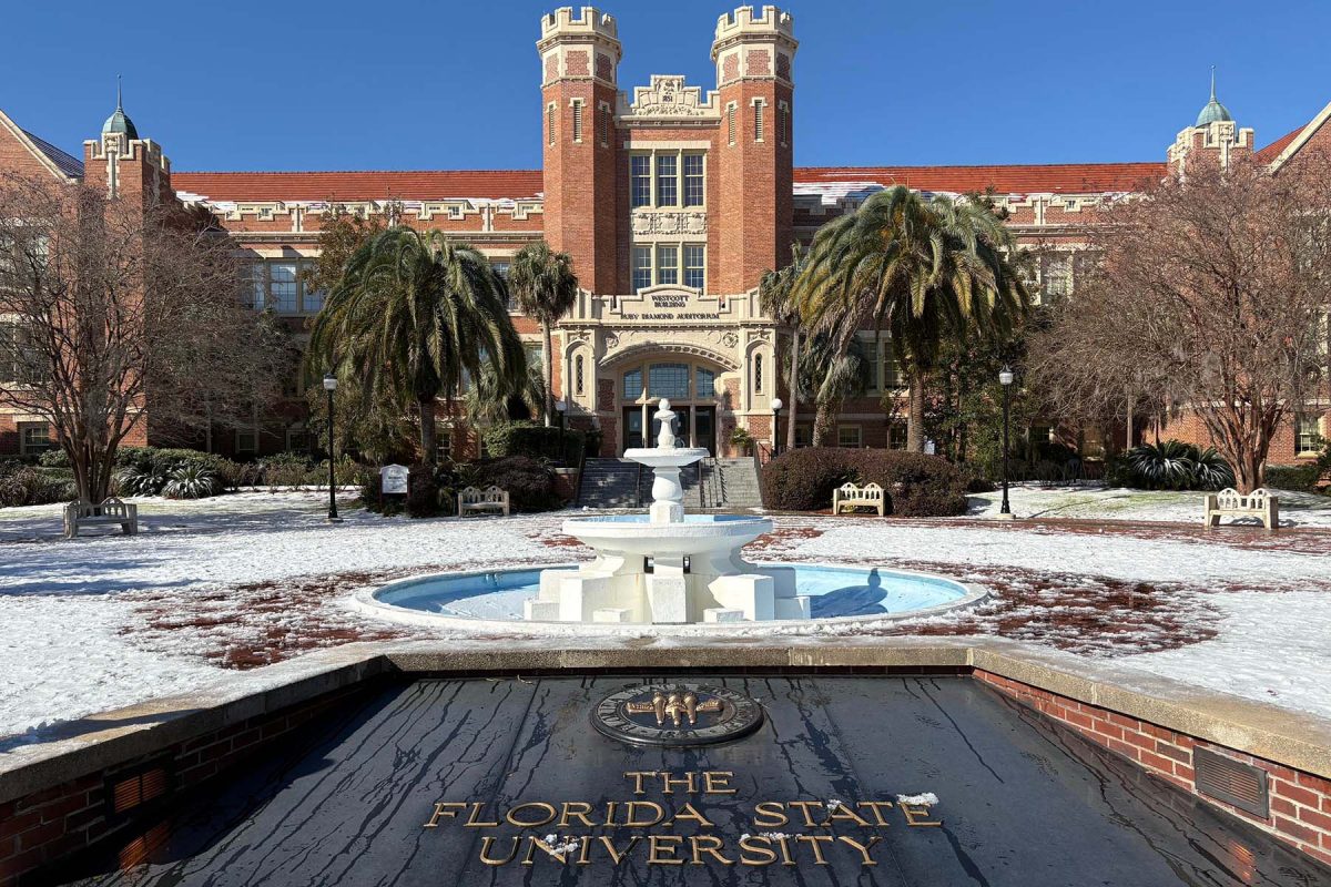 A frosted Wescott Plaza after FSU and Tallahassee experienced unprecedented snowfall and ice Jan. 21 and 22, 2025. (Rodrigo Santa Maria)