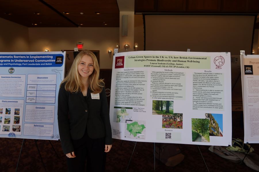 Lauren Yoakum, a junior pursuing a degree in geology, presented her project “Urban Green Spaces in the UK vs. US: How British Environmental Strategies Promote Biodiversity and Human Well-being" at the showcase. (Brittany Mobley/Undergraduate Studies)