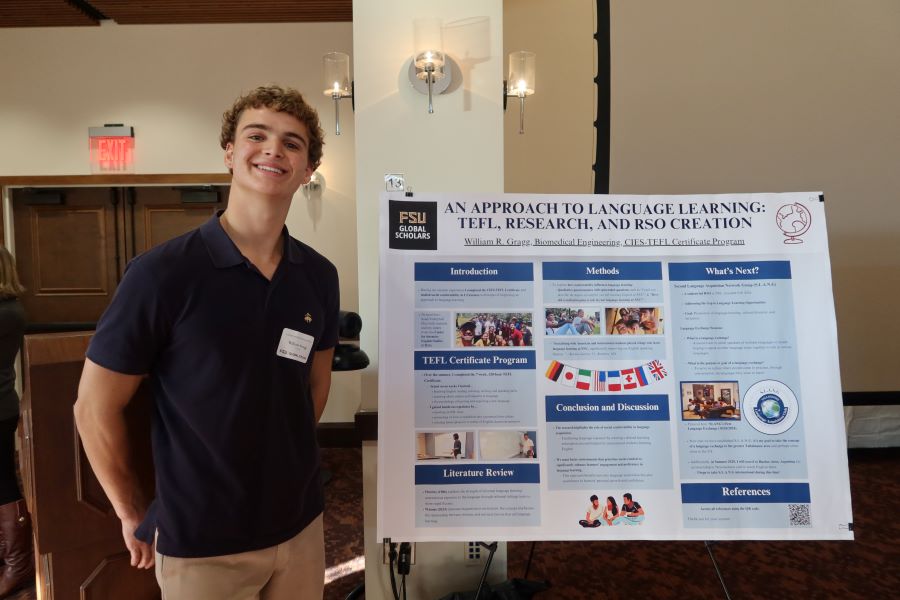 William Gragg, a sophomore pursuing a degree in biomedical engineering, presented his project “An Approach to Language Learning: TEFL, Research, and RSO Creation” during the showcase. (Brittany Mobley/Undergraduate Studies)