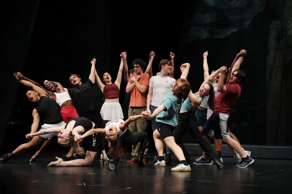 Frederick (Vicente Tomé) and company boast the successful reanimation of The Monster (Chijioke Oparaji) in a performance of 'Puttin’ on the Ritz.' (FSU School of Theatre)