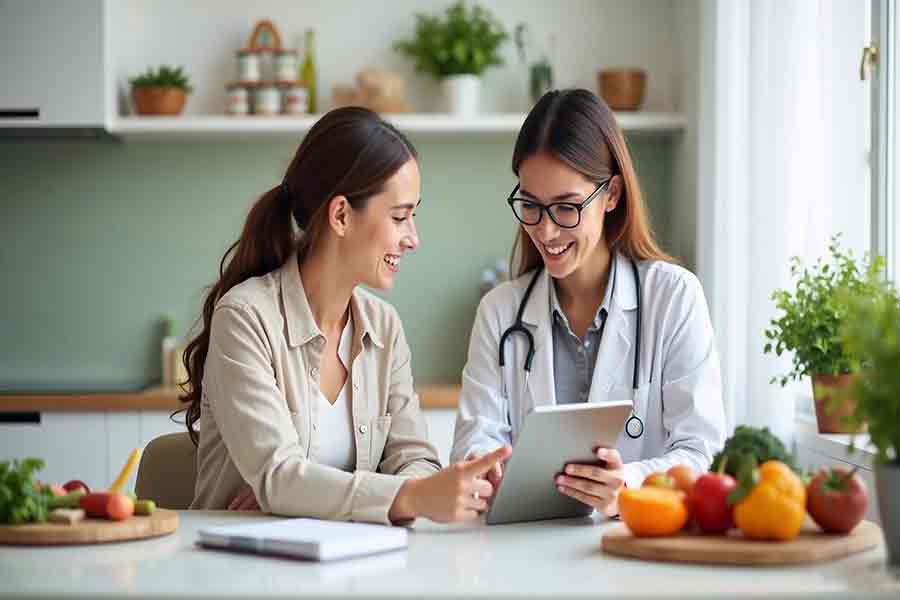 A clinician and patient discuss lifestyle modifications to improve the patient's health. Courtesy of Yanina/Adobe Stock Images.