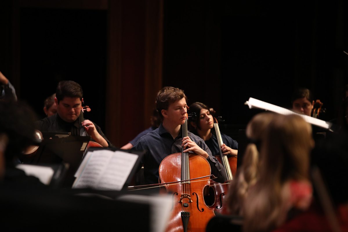 A student playing a cello during the Sing with the Symphony event at the Ruby Diamond Concert Hall Feb. 1, 2025. (Josie Liederman)