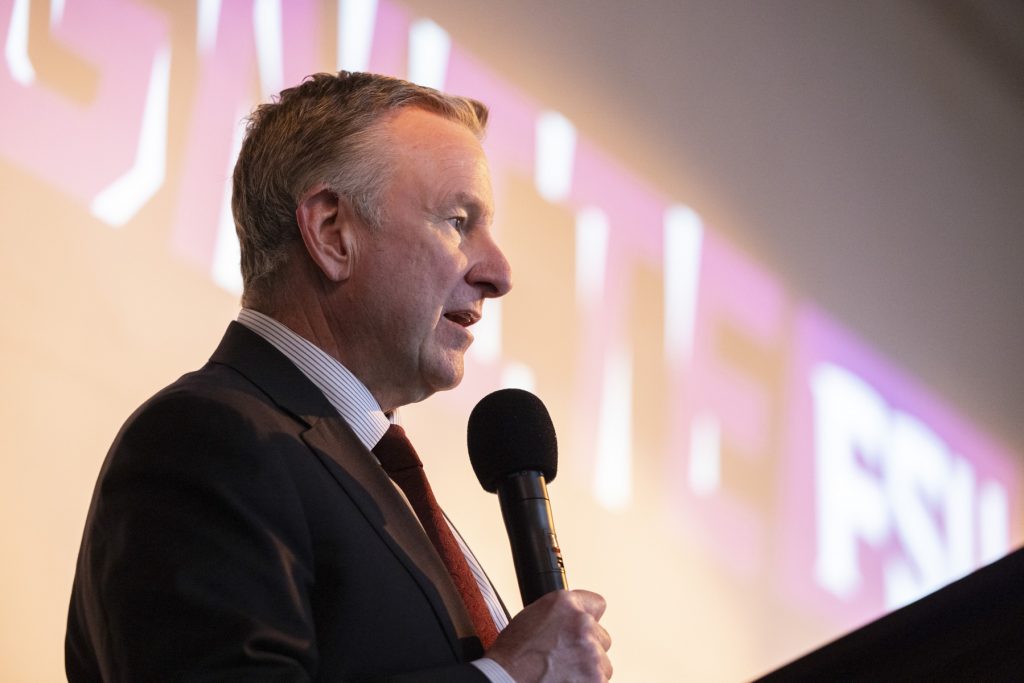President Richard McCullough speaks to faculty at an IGNITE FSU event celebrating faculty innovators who had filed patents in the 2024 fiscal year. (Matthew McConnell/Florida State University)