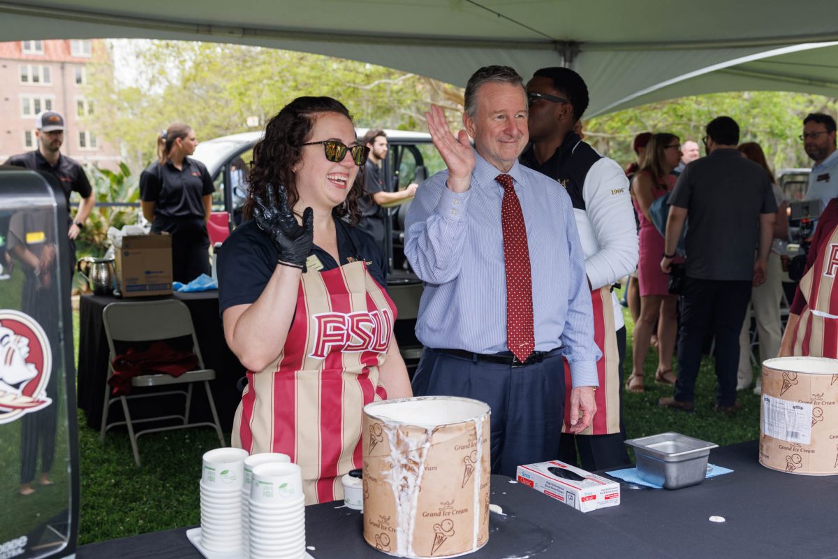 FSU President Richard McCullough hands out ice cream at the 2025 President's Ice Cream Social Thursday, April 3. (Florida State University)