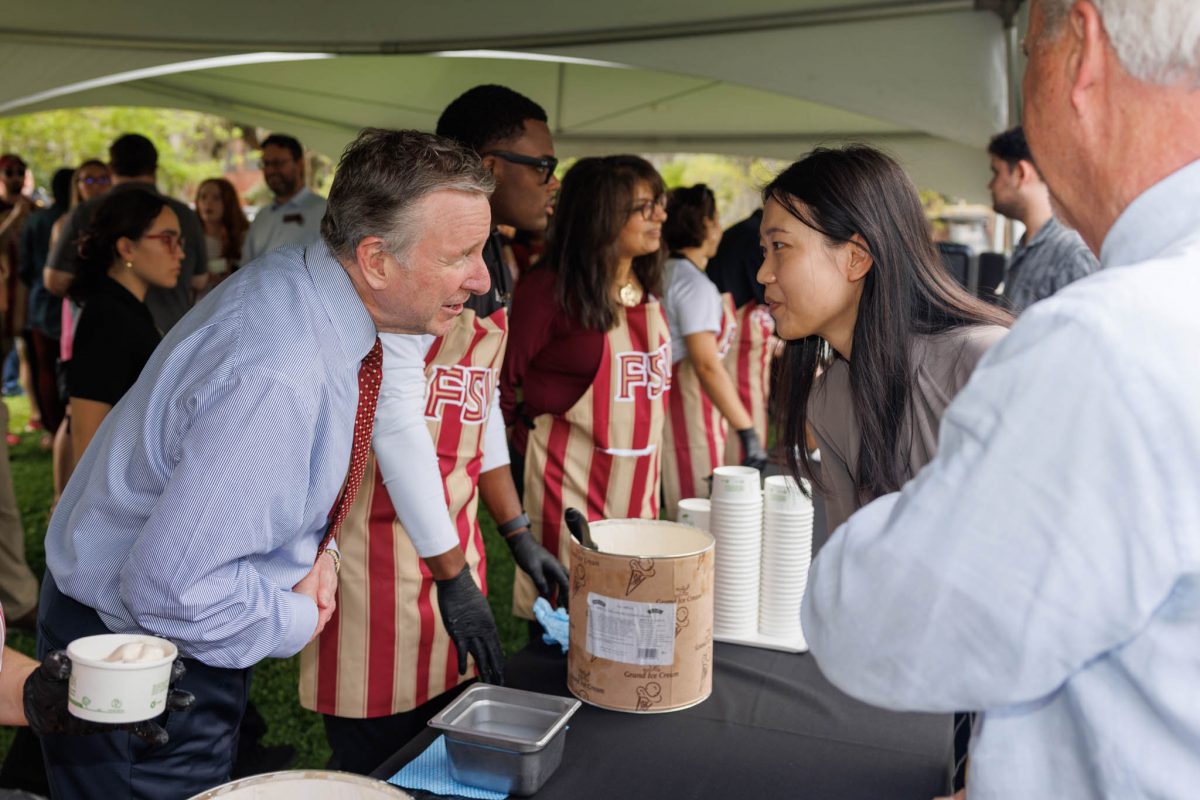 FSU President Richard McCullough greets students at the 2025 President's Ice Cream Social Thursday, April 3. (Florida State University)