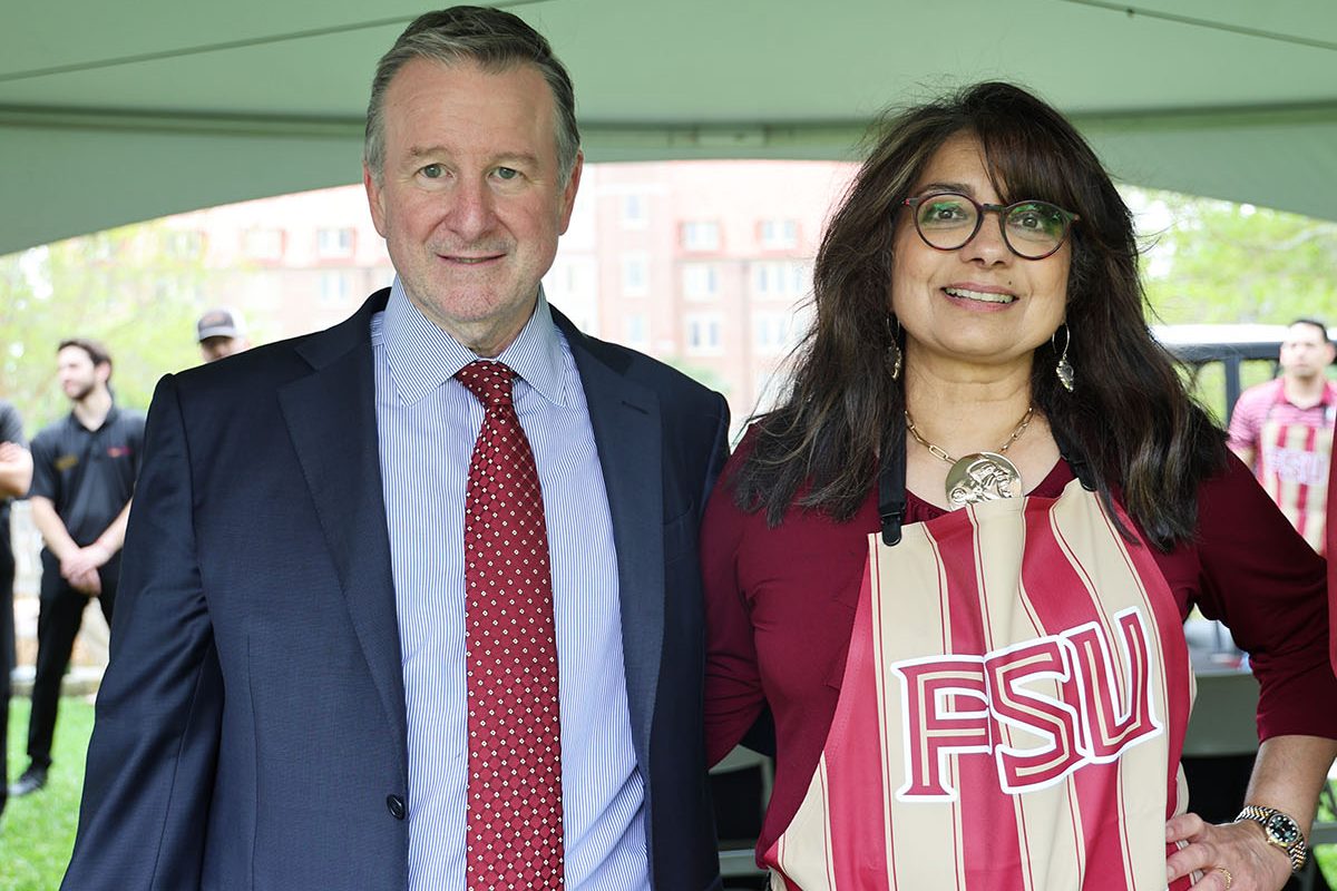 FSU President Richard McCullough and FSU First Lady Jai Vartikar came together on Thursday, April 3, 2025 to beat the heat and celebrate at the annual President’s Ice Cream Social on Landis Green. (Florida State University)